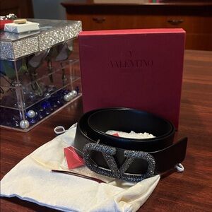 Valentino Black Leather Women’s Belt with Crystal V Logo Buckle